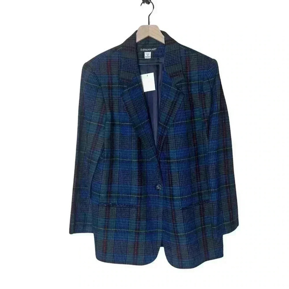 Vintage 90s Savannah Plaid Wool Boyfriend Blazer Jacket Academia 14 XL - Picture 1 of 13